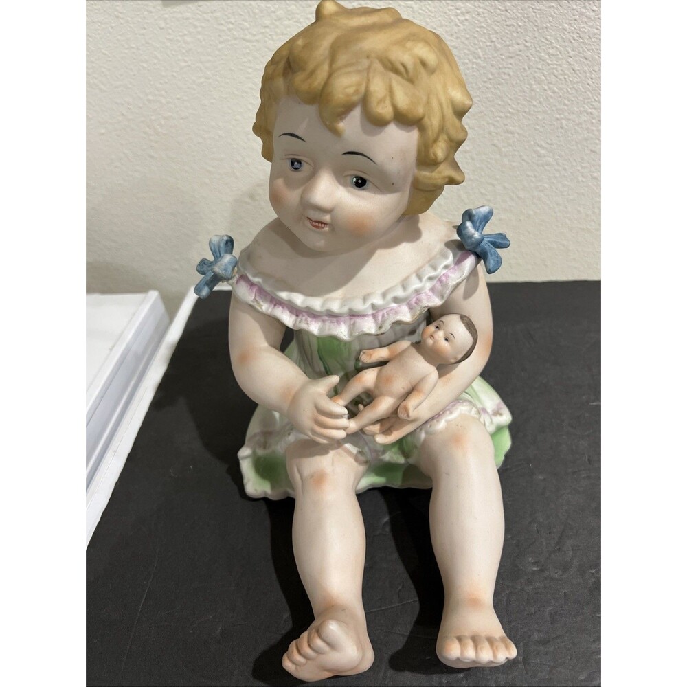 Extra Large  Porcelain Piano Baby Bisque Holding Baby Doll figurine statue 12"